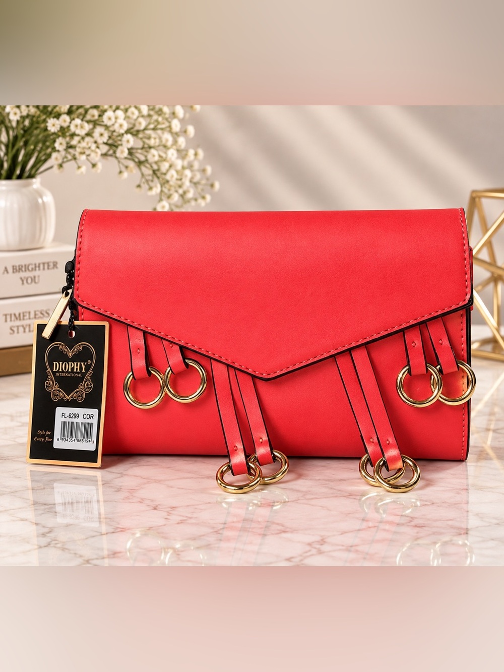 Diophy Red Envelope Clutch with Gold Ring Accent